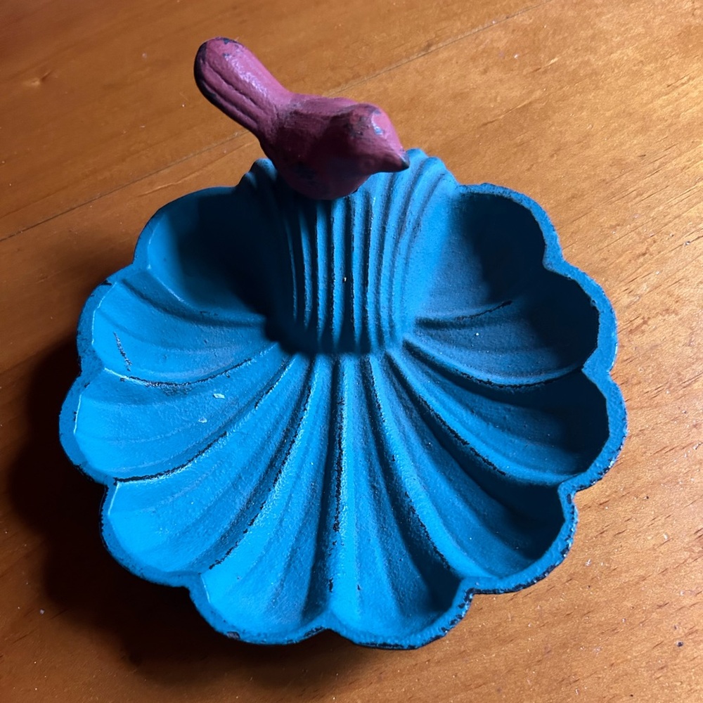 Blue Scalloped Iron  Dish with Pink Bird Accent